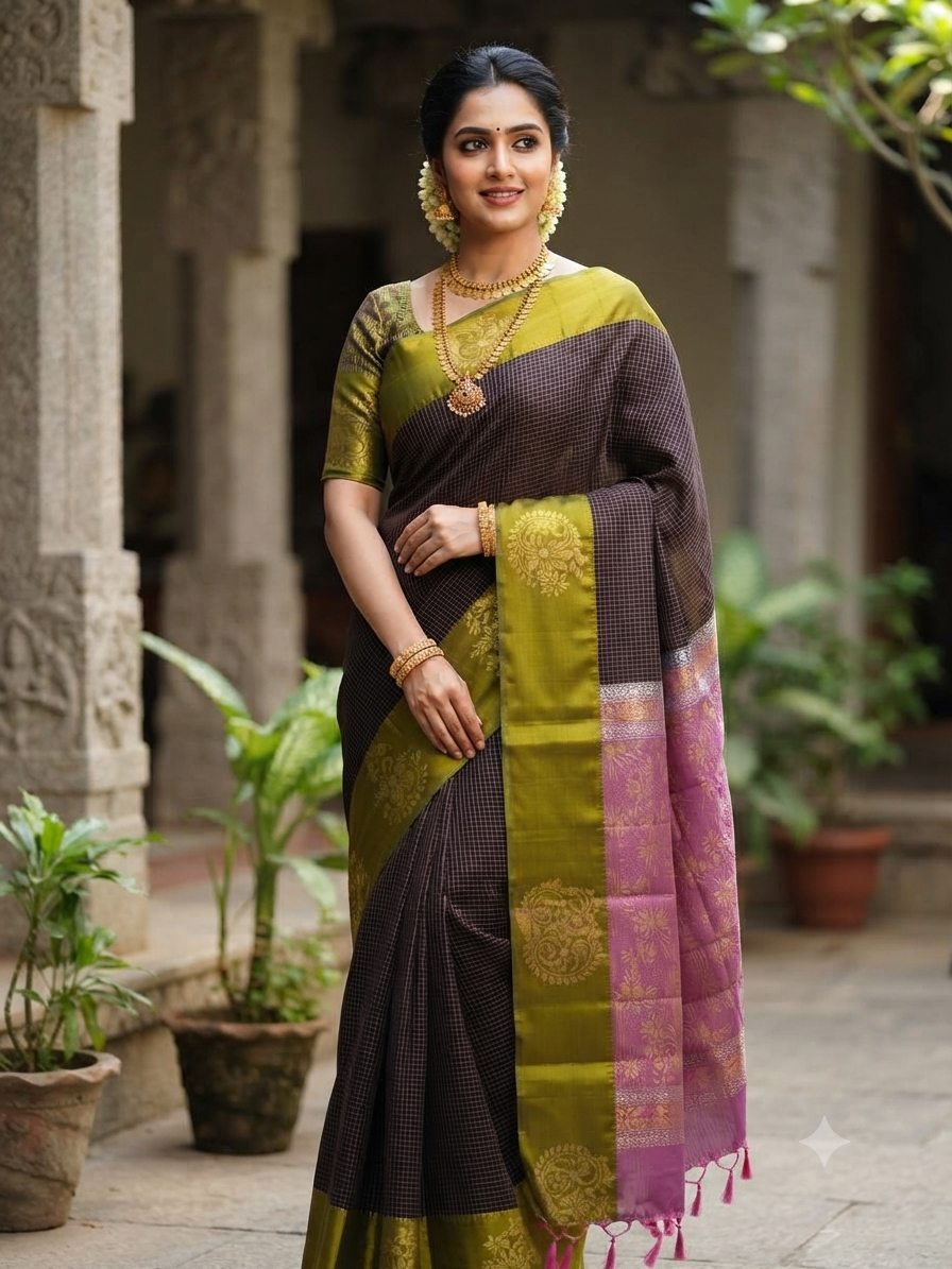 Sirumugai Pure Handloom Kanchi Soft Silk Saree with  One-Side Hand Korai Turning Weaving with blouse