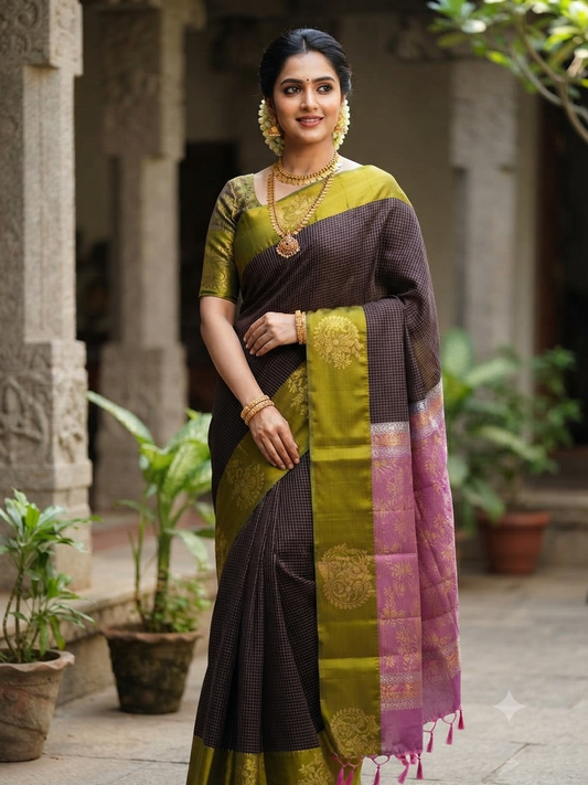 Sirumugai Pure Handloom Kanchi Soft Silk Saree with  One-Side Hand Korai Turning Weaving with blouse