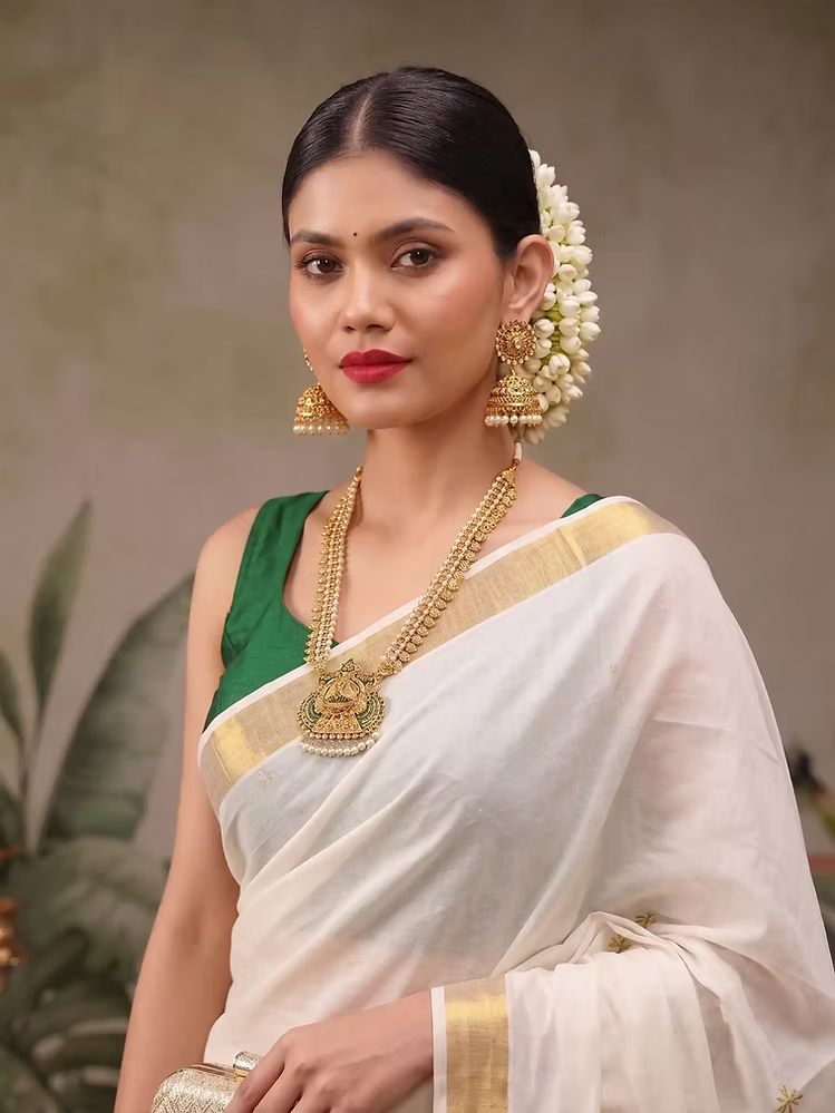 Golden Diamond Jaal Embroidery Cotton Kasavu Saree with Blouse