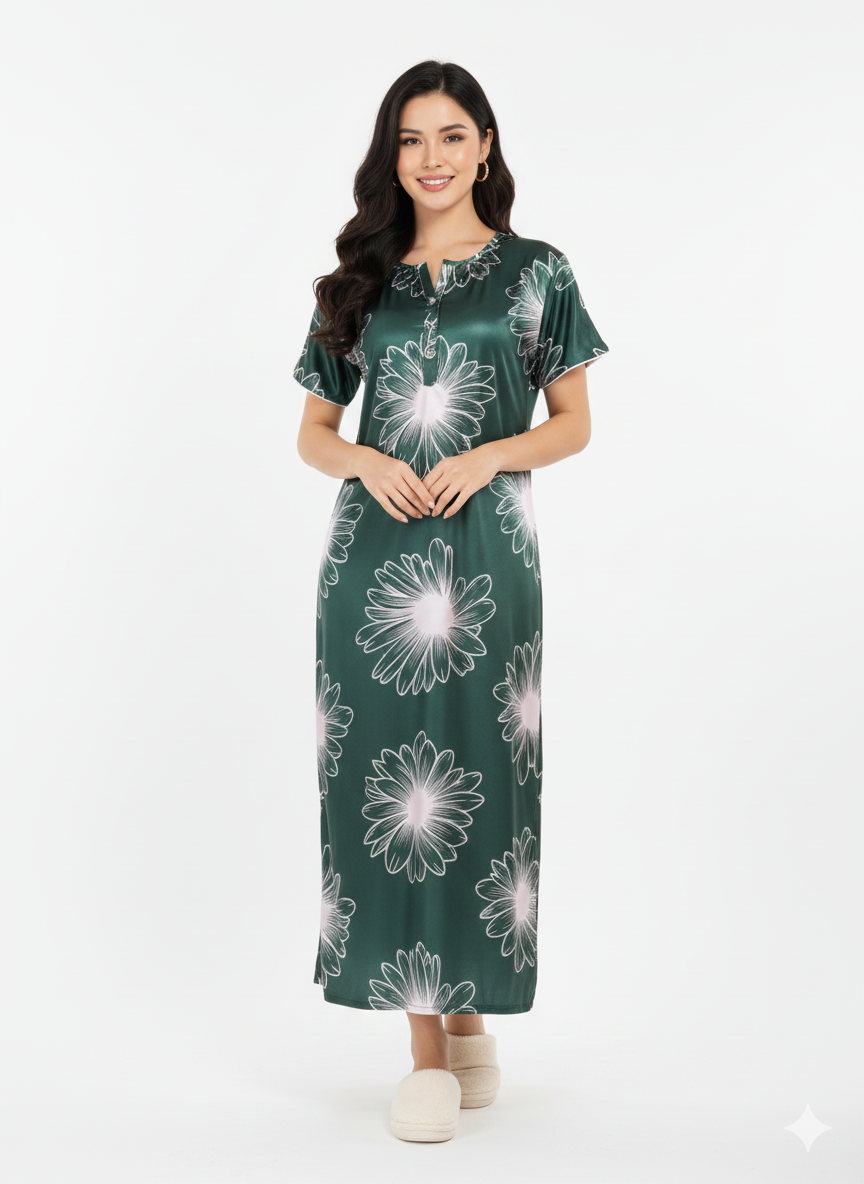 Forest Daisy Floral Print Nightgown |Italian Satin Feel Maxi Dress