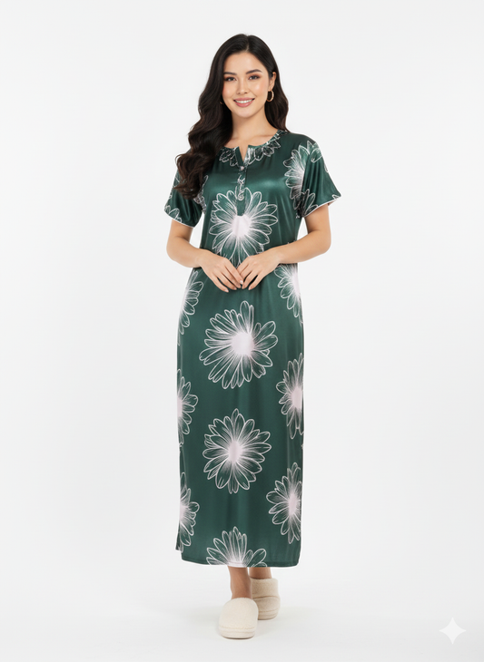 Forest Daisy Floral Print Nightgown |Italian Satin Feel Maxi Dress