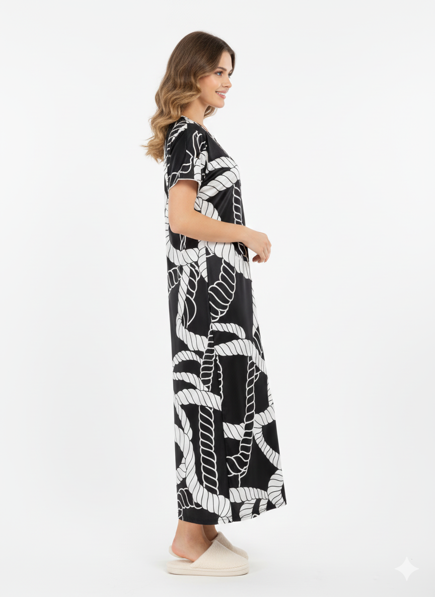Nautical Chic Black & White Rope Print Nightgown – Glamoura X