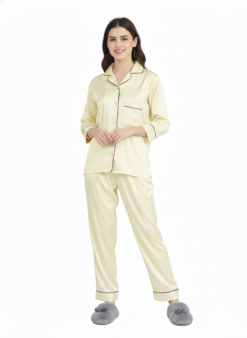 Lemon Chiffon Armani Satin Nightsuit | Yellow Pyjama Set