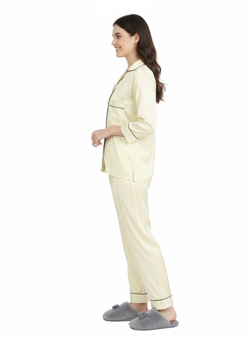 Lemon Chiffon Armani Satin Nightsuit | Yellow Pyjama Set