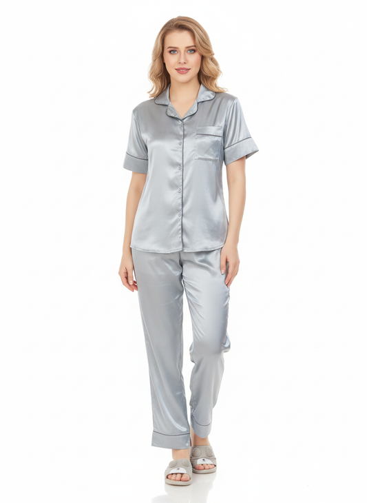 Light Grey Silver Satin Nightsuit Set – Glamoura X