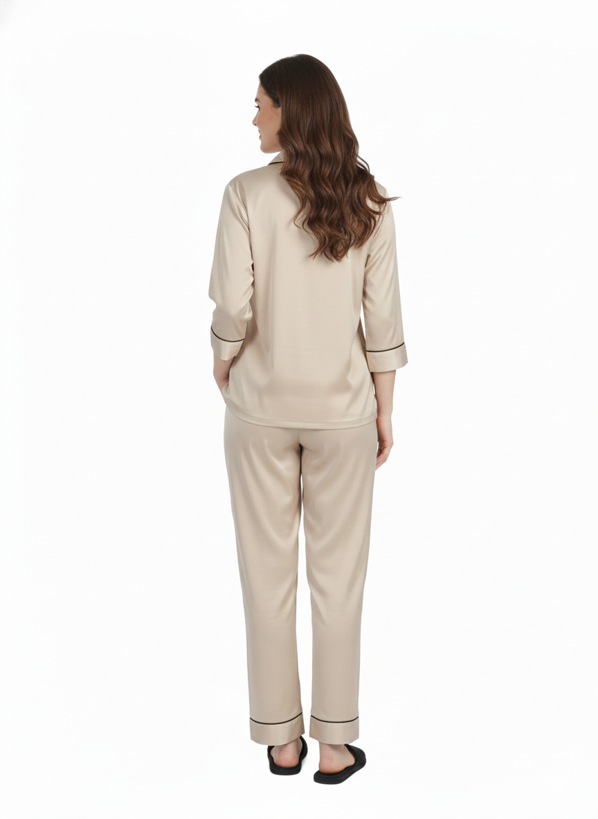 Desert Taupe Armani Satin Nightsuit – Two-Piece Luxury Pyjama Set | GLAMOURA X