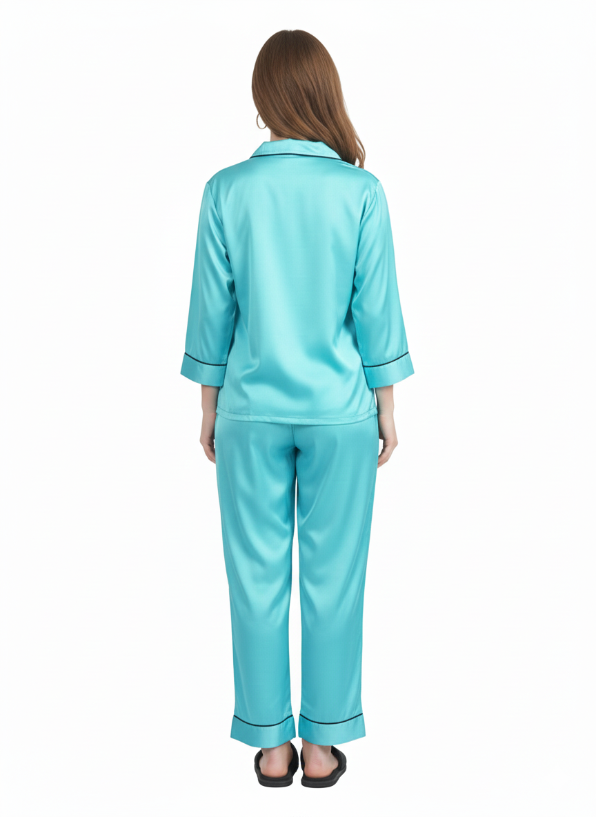Aquamarine Dream Satin Nightsuit – Two-Piece Pyjama Set | GLOMOURA X