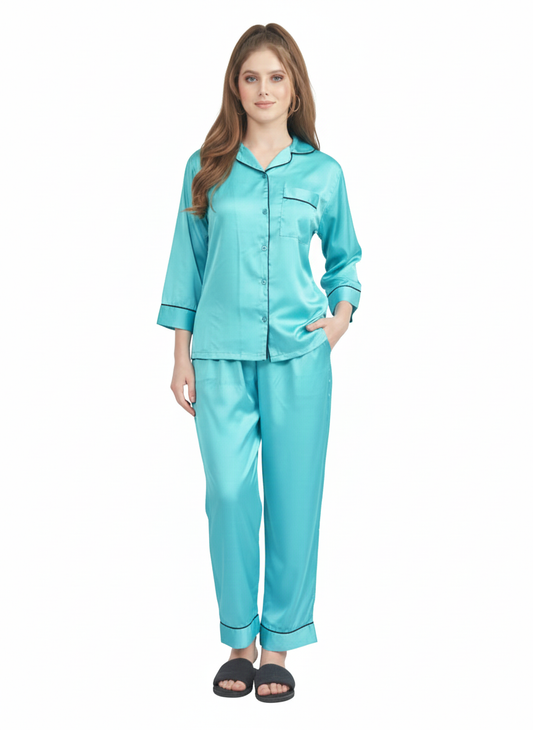 Glamoura X Aquamarine Dream Satin Nightsuit | Teal Two-Piece Pyjama Set