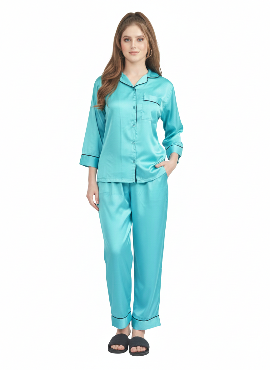 Aquamarine Dream Satin Nightsuit – Two-Piece Pyjama Set | GLOMOURA X