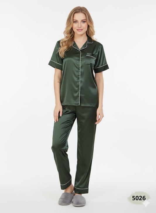 Dark Green Emerald Satin Nightsuit Set – Two-Piece Luxury Pyjamas | GLAMOURA X