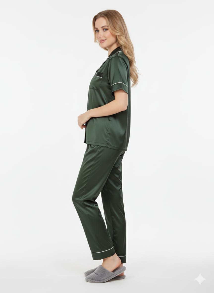 Dark Green Emerald Satin Nightsuit Set – Two-Piece Luxury Pyjamas | GLAMOURA X