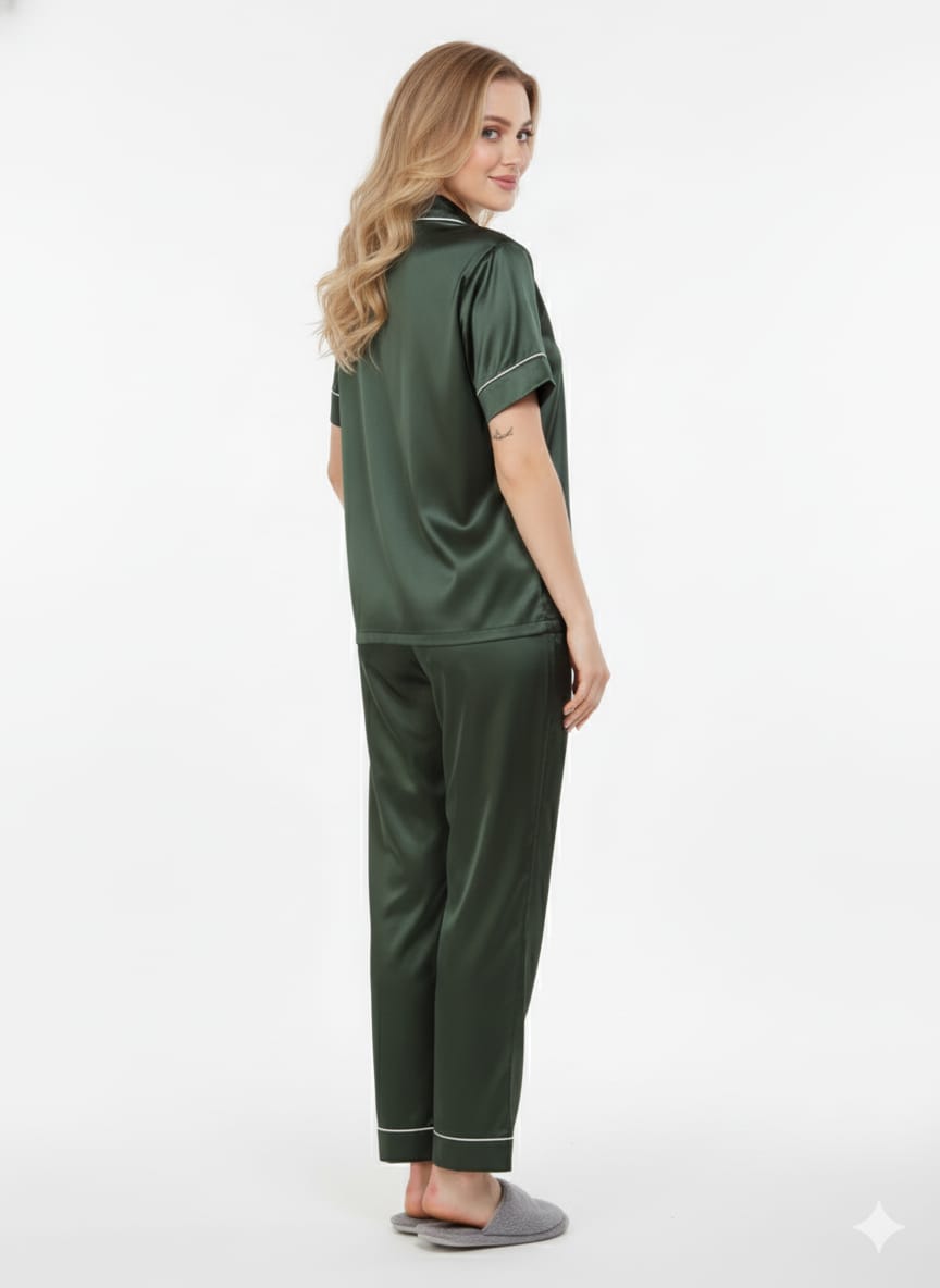 Dark Green Emerald Satin Nightsuit Set – Two-Piece Luxury Pyjamas | GLAMOURA X