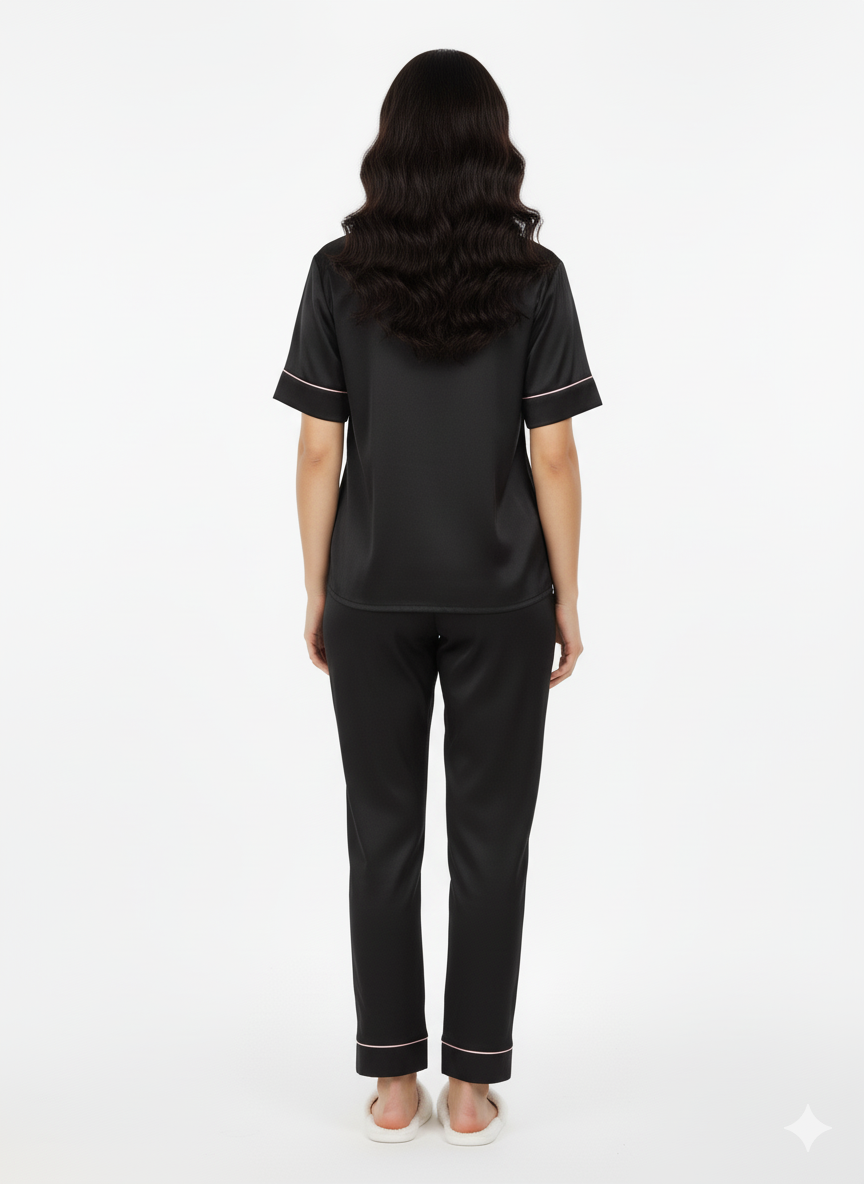 Black Italian Satin Nightsuit | Luxury Pajamas Set  | Premium Imported Silky Sleepwear – Two-Piece Luxury Loungewear