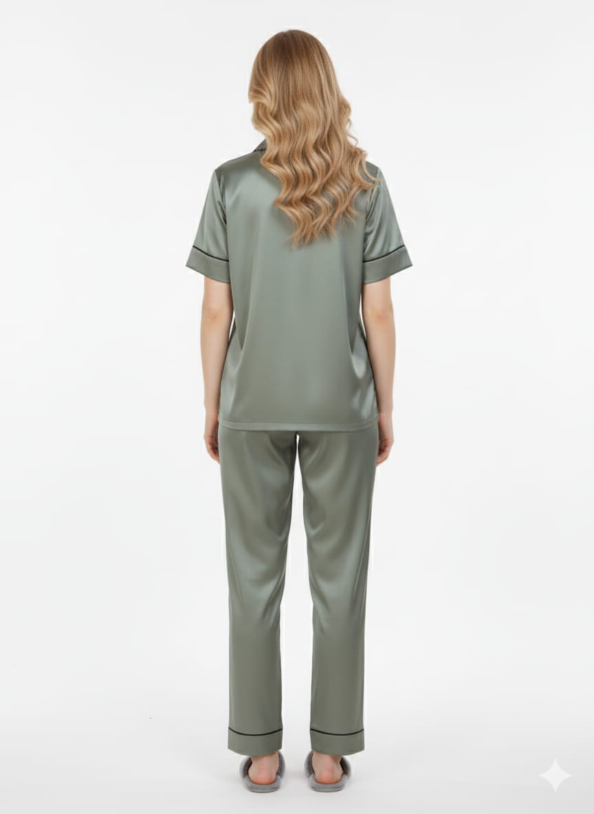 Sage Green Grey Satin Nightsuit Set – Glamoura X