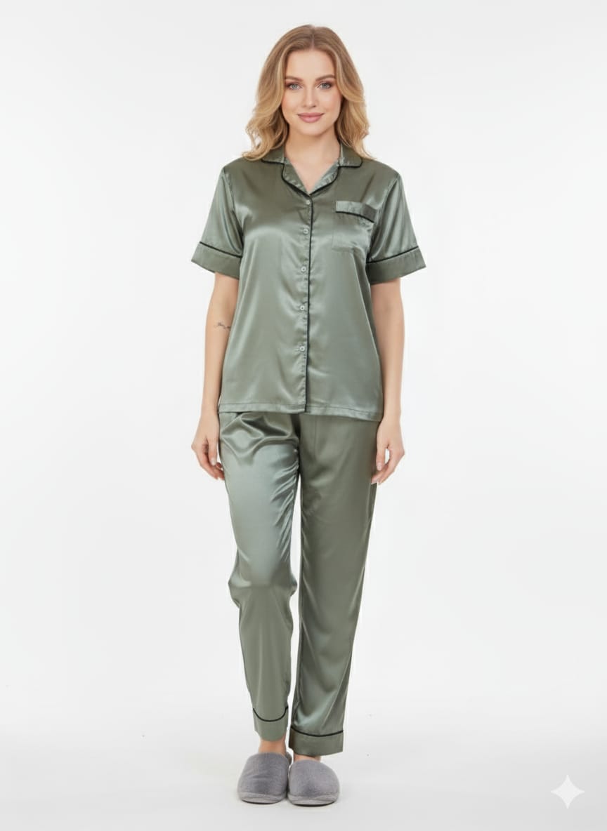 Sage Green Grey Satin Nightsuit Set – Glamoura X