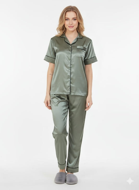 Sage Green Grey Satin Nightsuit Set – Glamoura X
