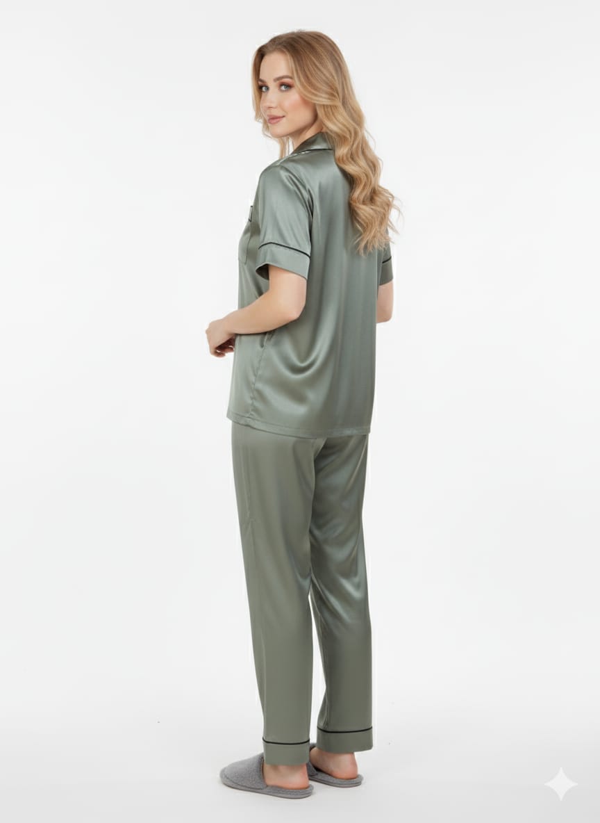 Sage Green Grey Satin Nightsuit Set – Glamoura X