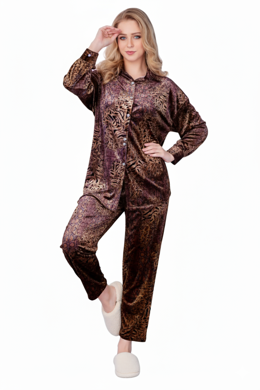 Brown Rose Gold Velvet Nightsuit Set – Luxury Two-Piece Loungewear | GLAMOURA X
