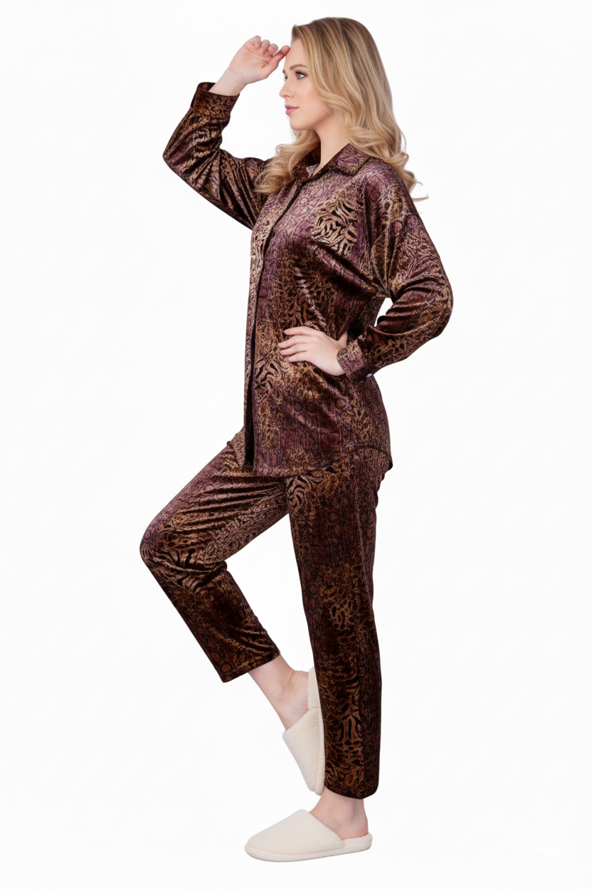 Brown Rose Gold Velvet Nightsuit Set – Luxury Two-Piece Loungewear | GLAMOURA X