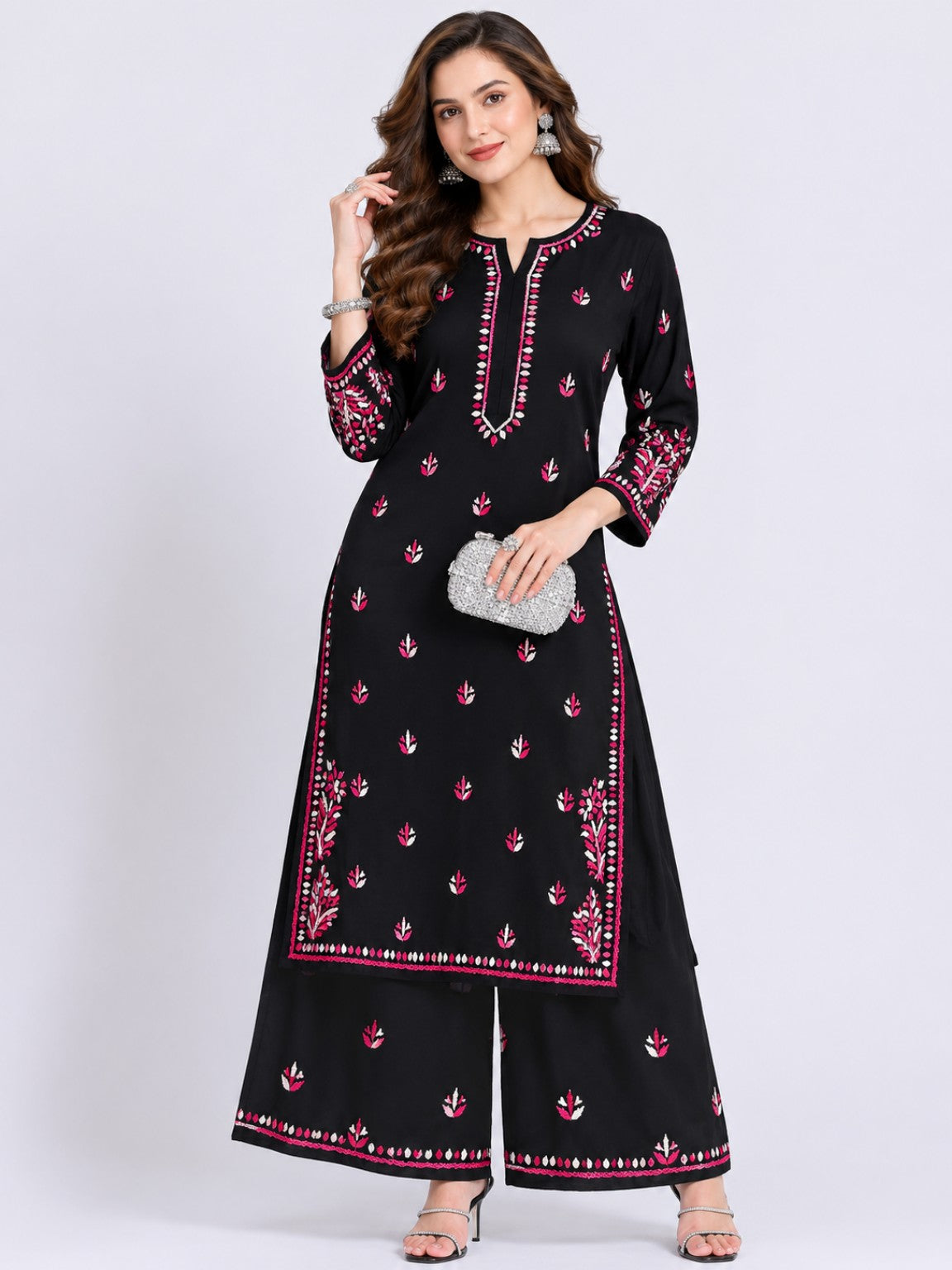 Rayon black kurti palazzo set with pink and white thread embroidery