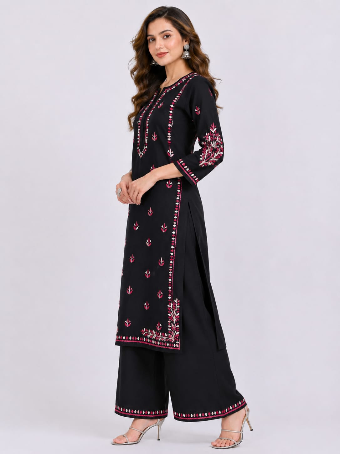 Rayon black kurti palazzo set with pink and white thread embroidery