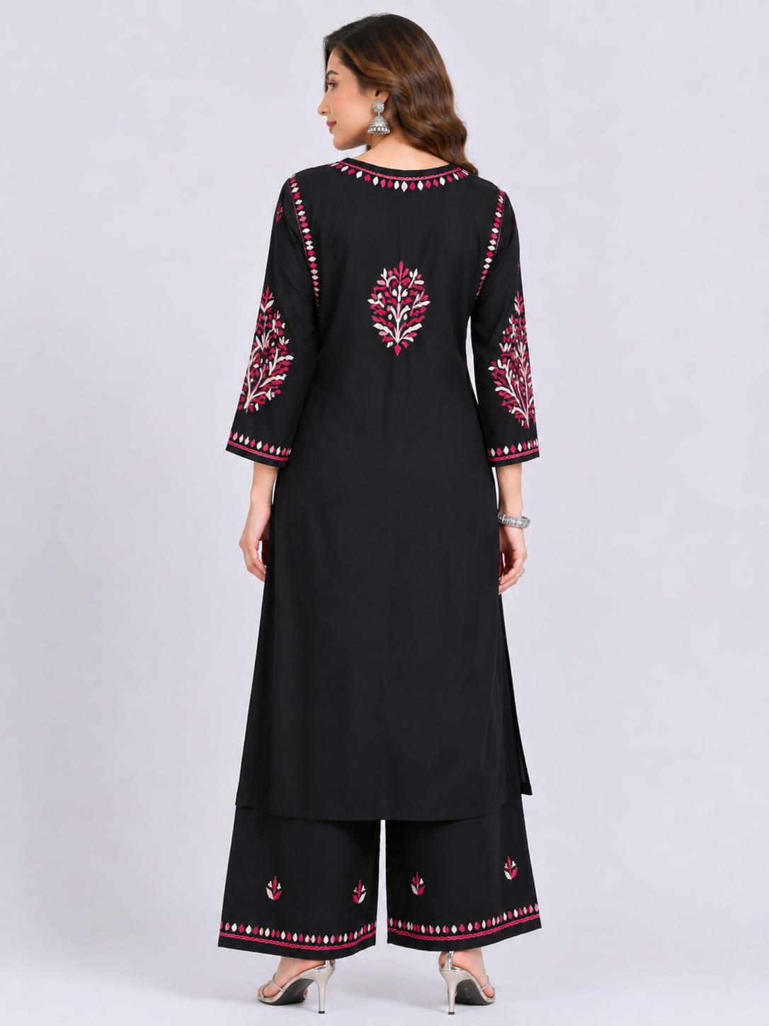 Rayon black kurti palazzo set with pink and white thread embroidery