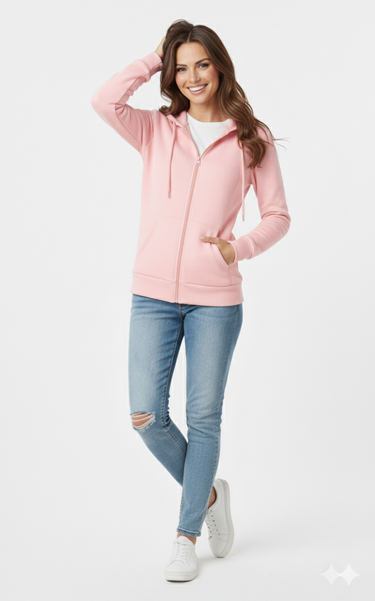 Baby Pink Solid Premium 390 GSM Cotton Full-Zip Unisex Hoodie | Glamoura X by Zadine Customizable