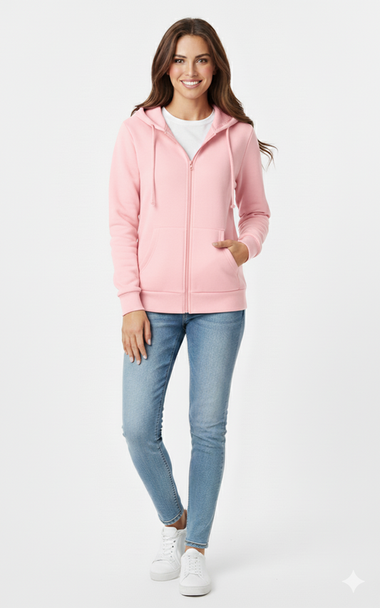 Baby Pink Solid Premium 390 GSM Cotton Full-Zip Unisex Hoodie | Glamoura X by Zadine Customizable