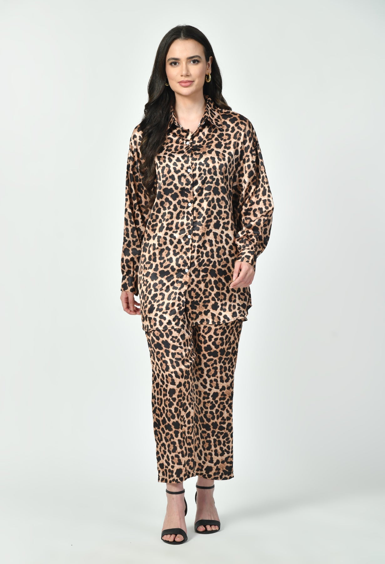 Glamoura X Leopard Print Japanese Satin Co-ord Set | Modest Luxury Wear UAE