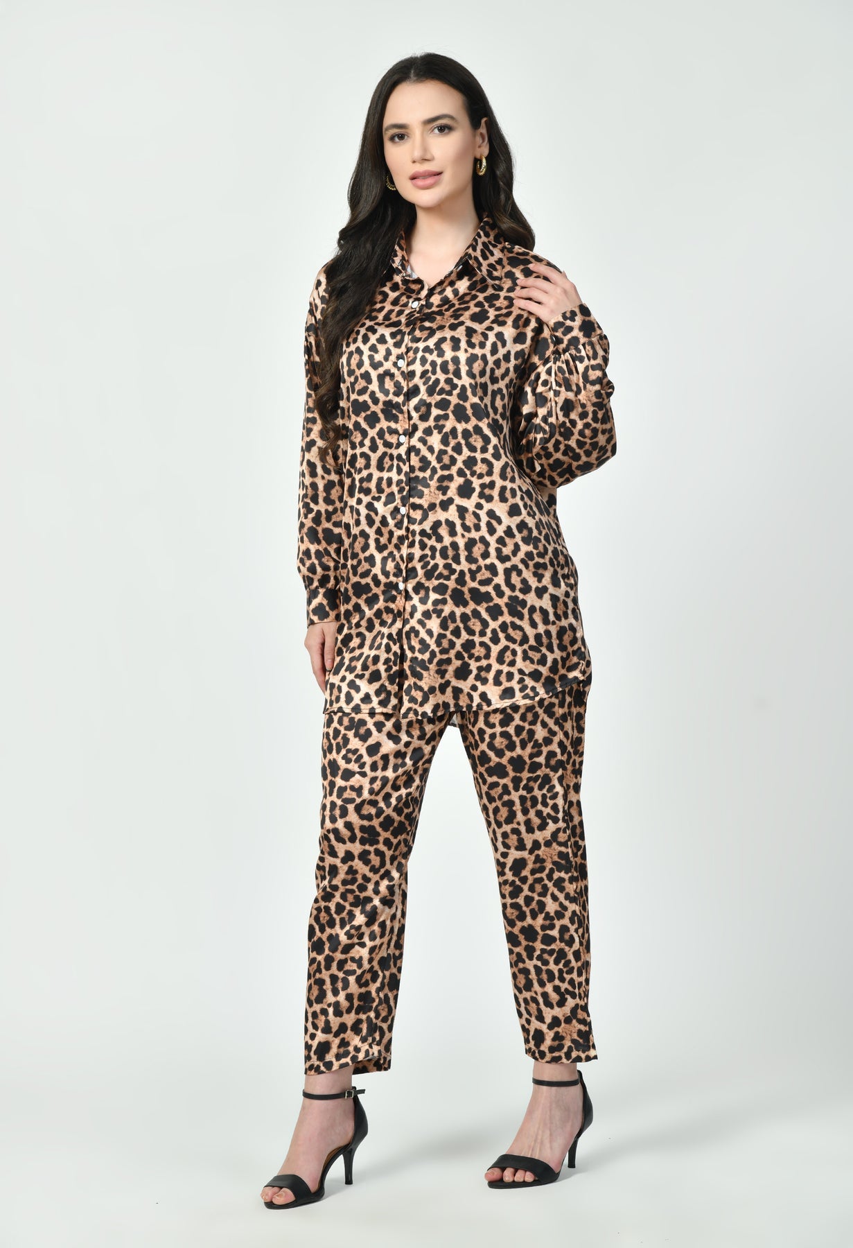 Glamoura X Leopard Print Japanese Satin Co-ord Set | Modest Luxury Wear UAE