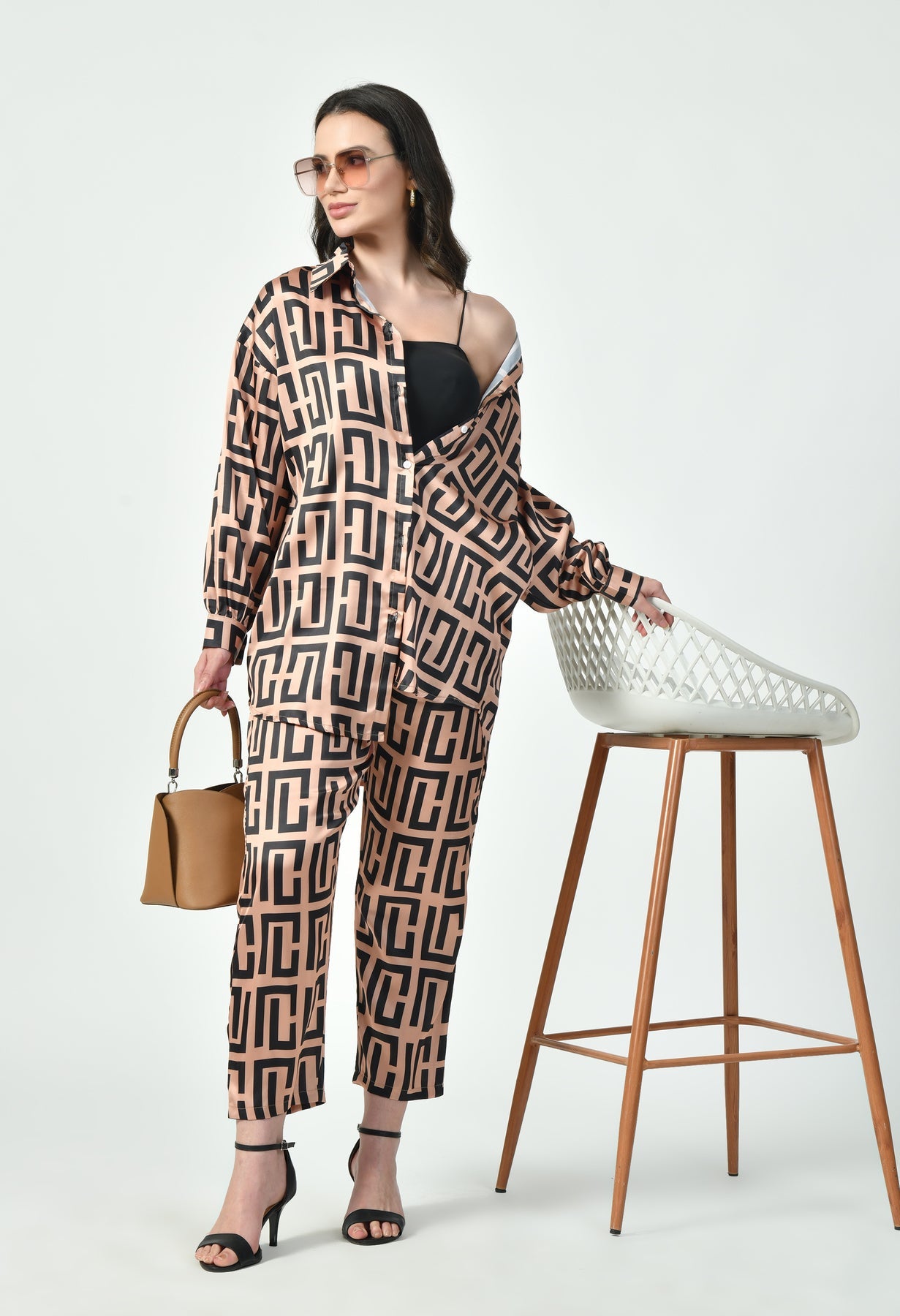 Glamoura X Blush & Black Geometric Japanese Satin Co-ord Set | Modest Luxury Wear