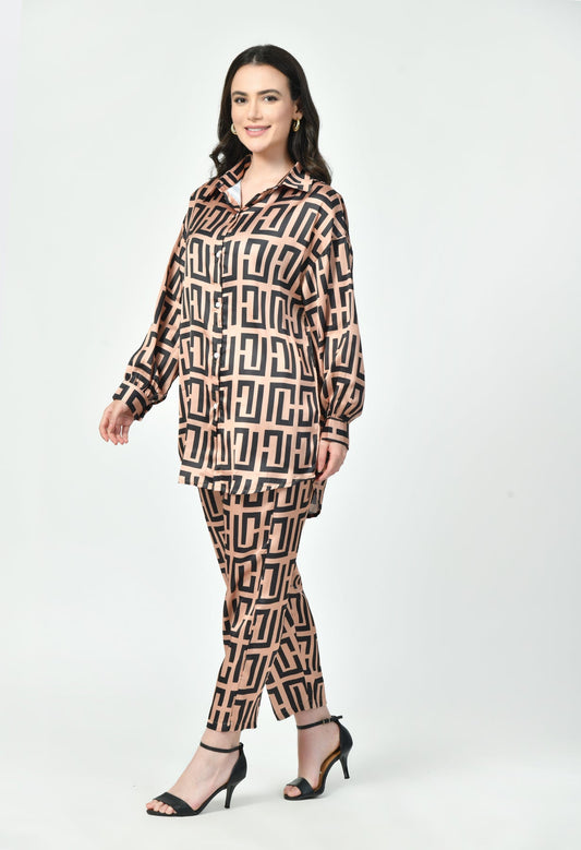 Glamoura X Blush & Black Geometric Japanese Satin Co-ord Set | Modest Luxury Wear