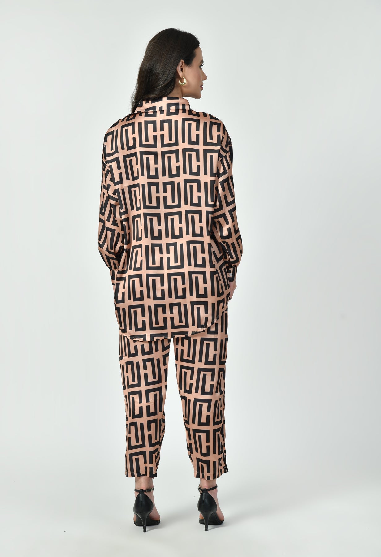Glamoura X Blush & Black Geometric Japanese Satin Co-ord Set | Modest Luxury Wear