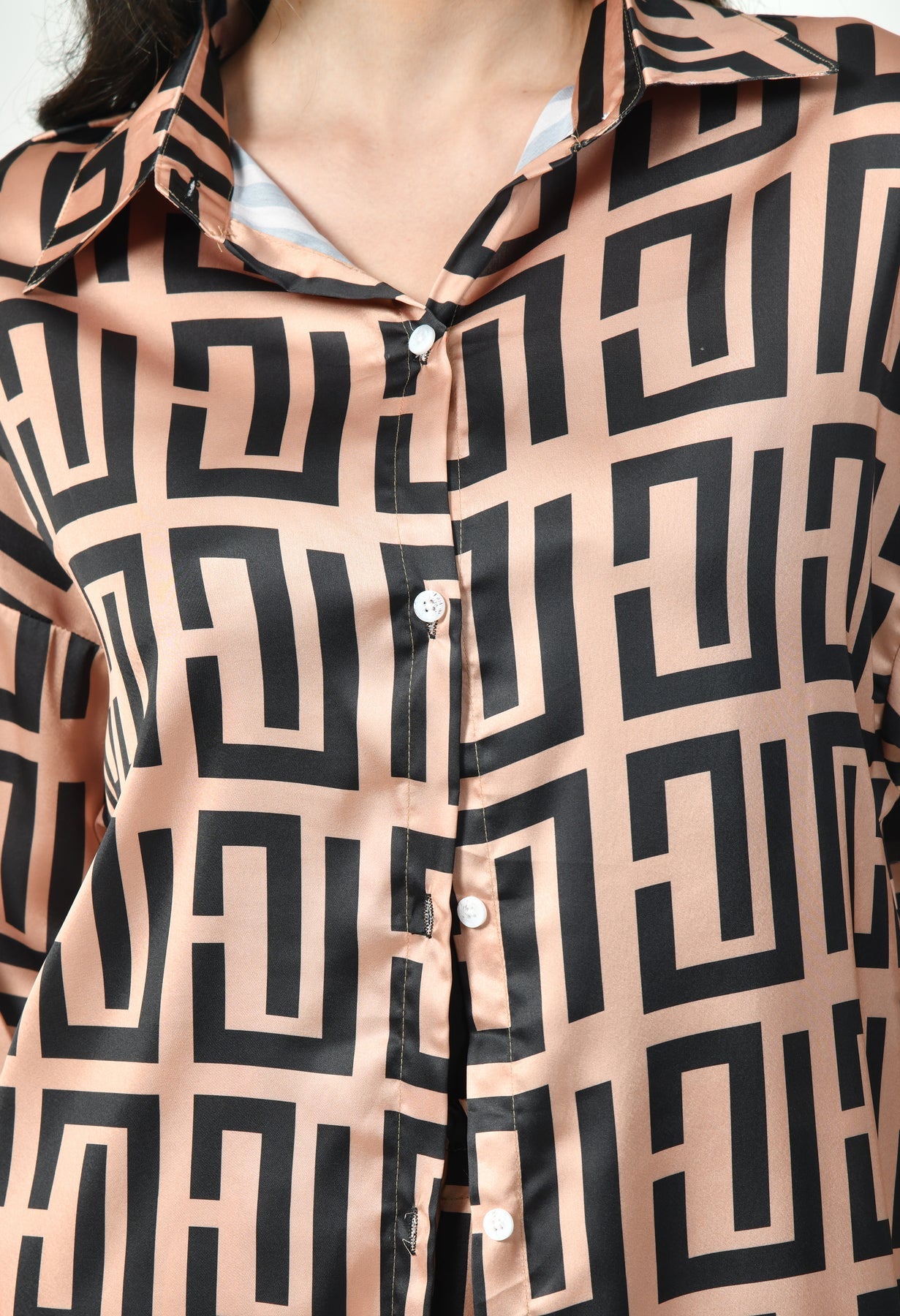 Glamoura X Blush & Black Geometric Japanese Satin Co-ord Set | Modest Luxury Wear