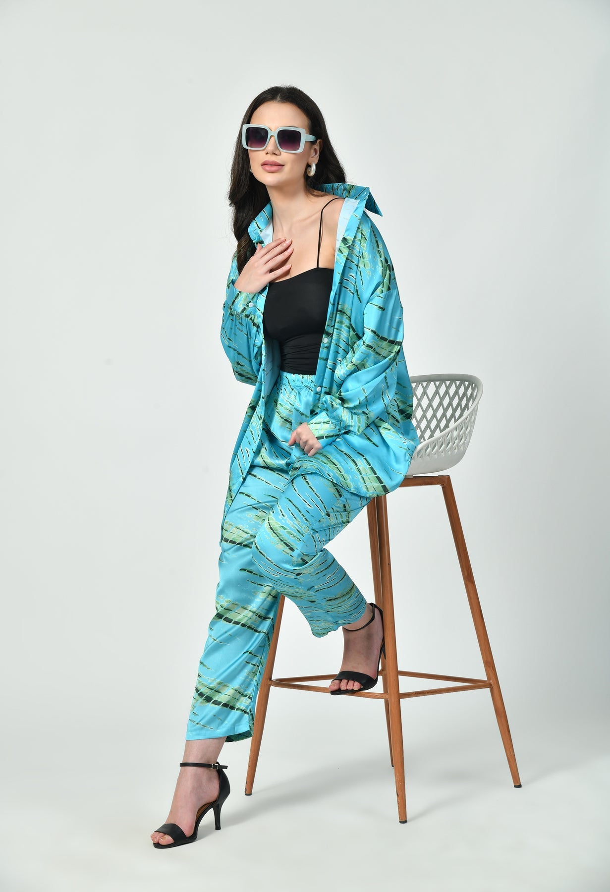 Glamoura X  Modest Blue Satin co-ord Set | Japanese Satin Modest Luxury Wear