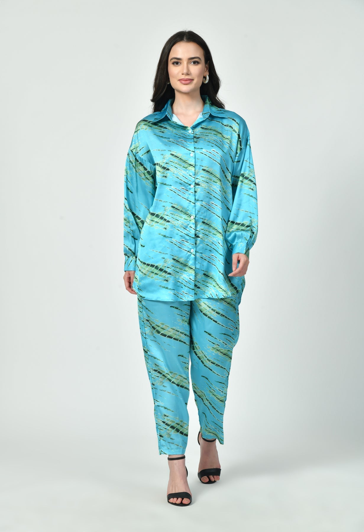 Glamoura X  Modest Blue Satin co-ord Set | Japanese Satin Modest Luxury Wear