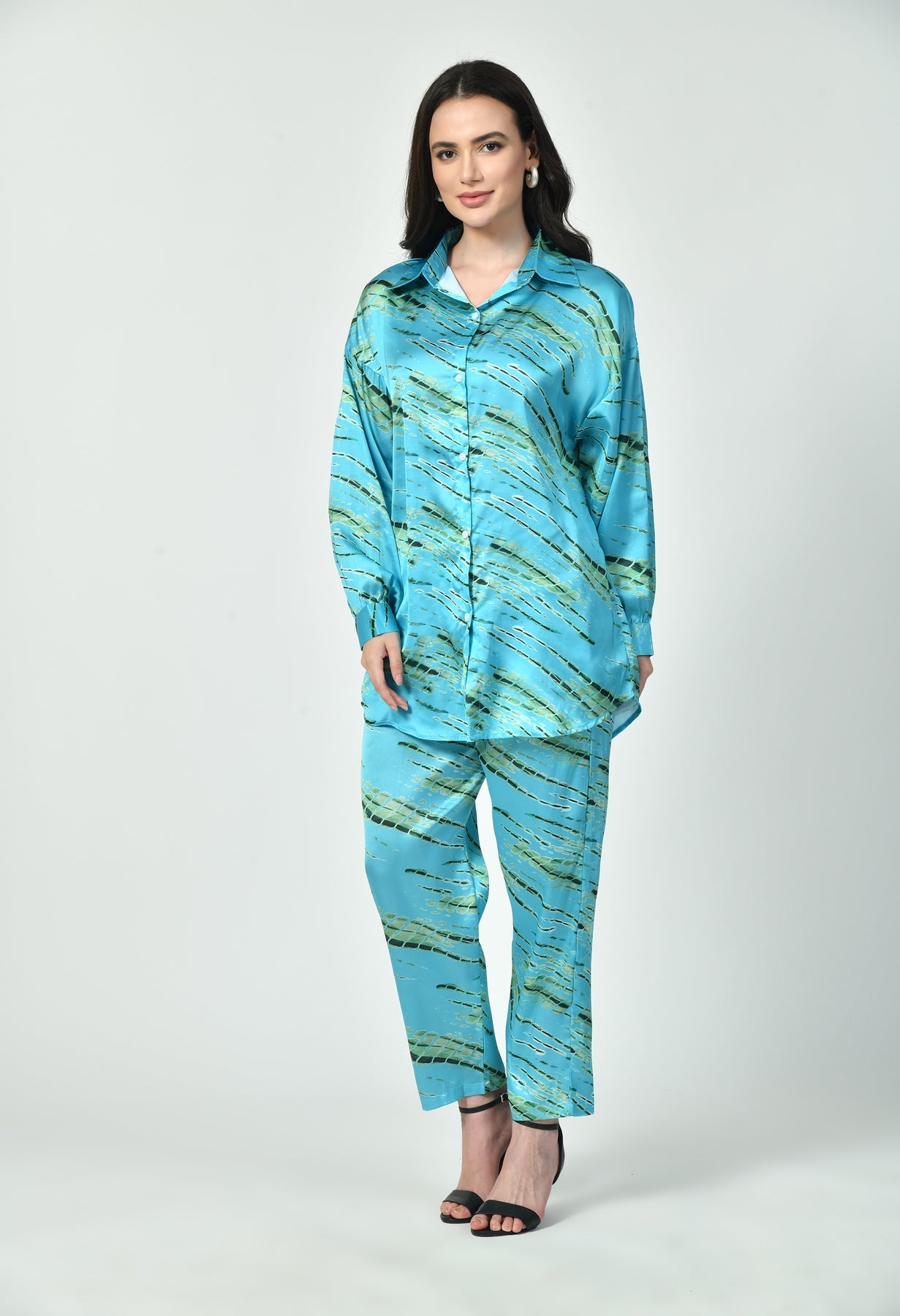 Glamoura X  Modest Blue Satin co-ord Set | Japanese Satin Modest Luxury Wear