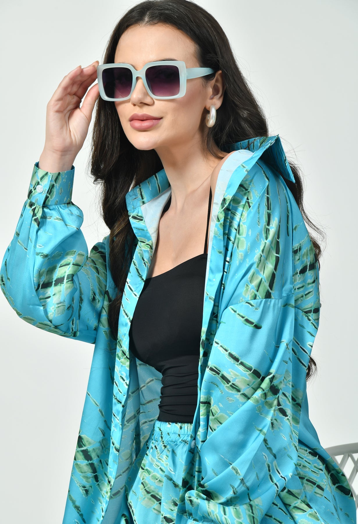 Glamoura X  Modest Blue Satin co-ord Set | Japanese Satin Modest Luxury Wear