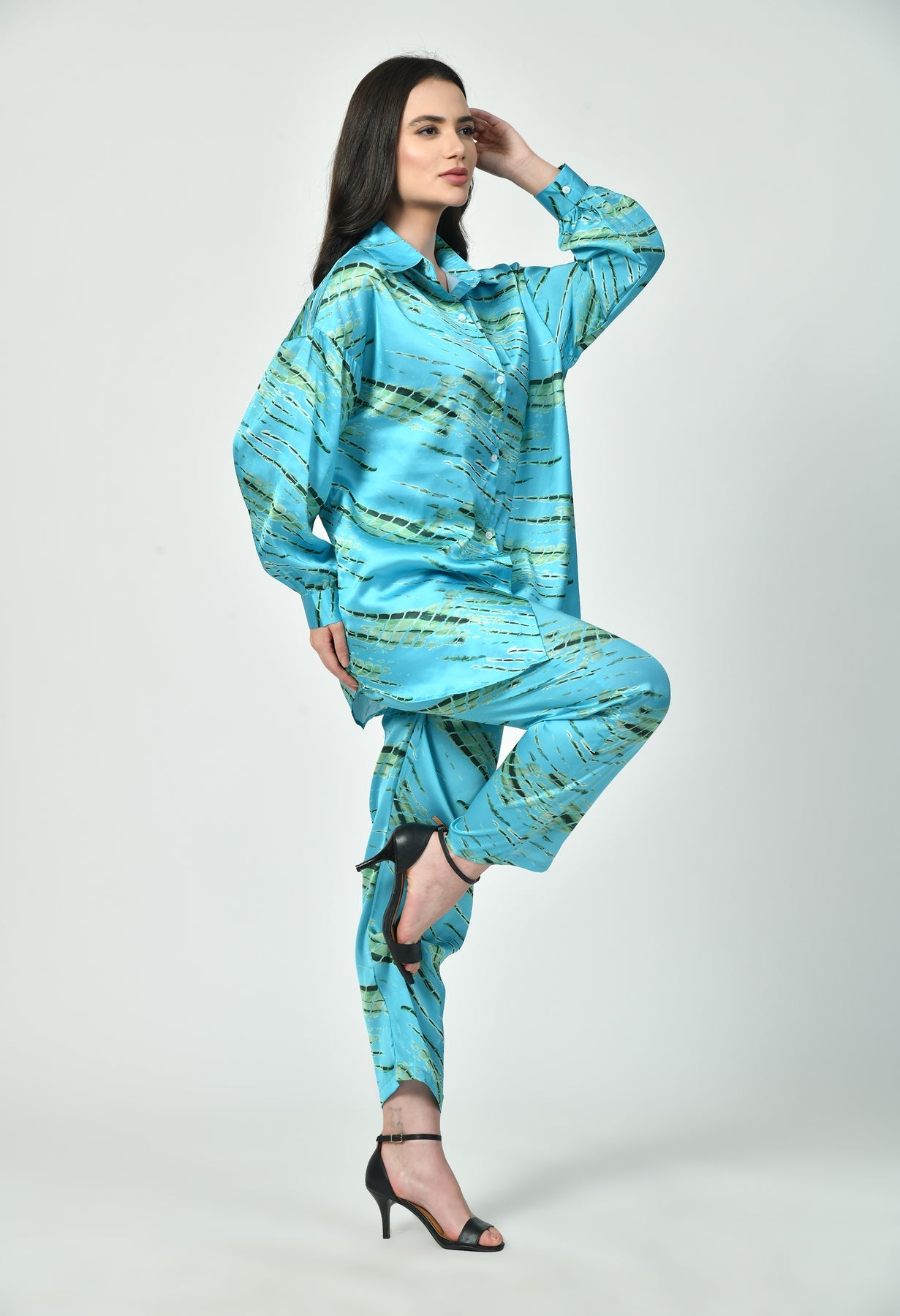 Glamoura X  Modest Blue Satin co-ord Set | Japanese Satin Modest Luxury Wear