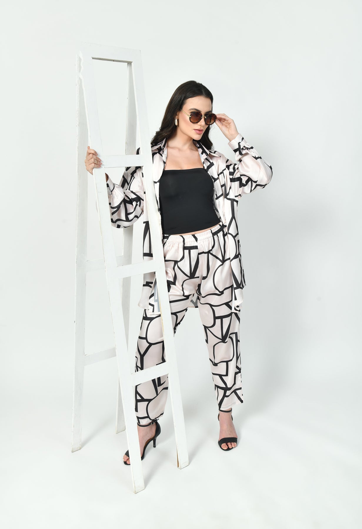 Glamoura X Abstract Line Art Co-Ord Set | Japanese Satin Geometric Print Modest wear