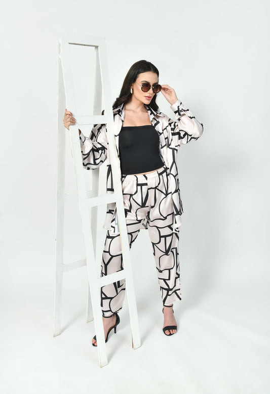 Glamoura X Abstract Line Art Co-Ord Set | Japanese Satin Geometric Print Modest wear