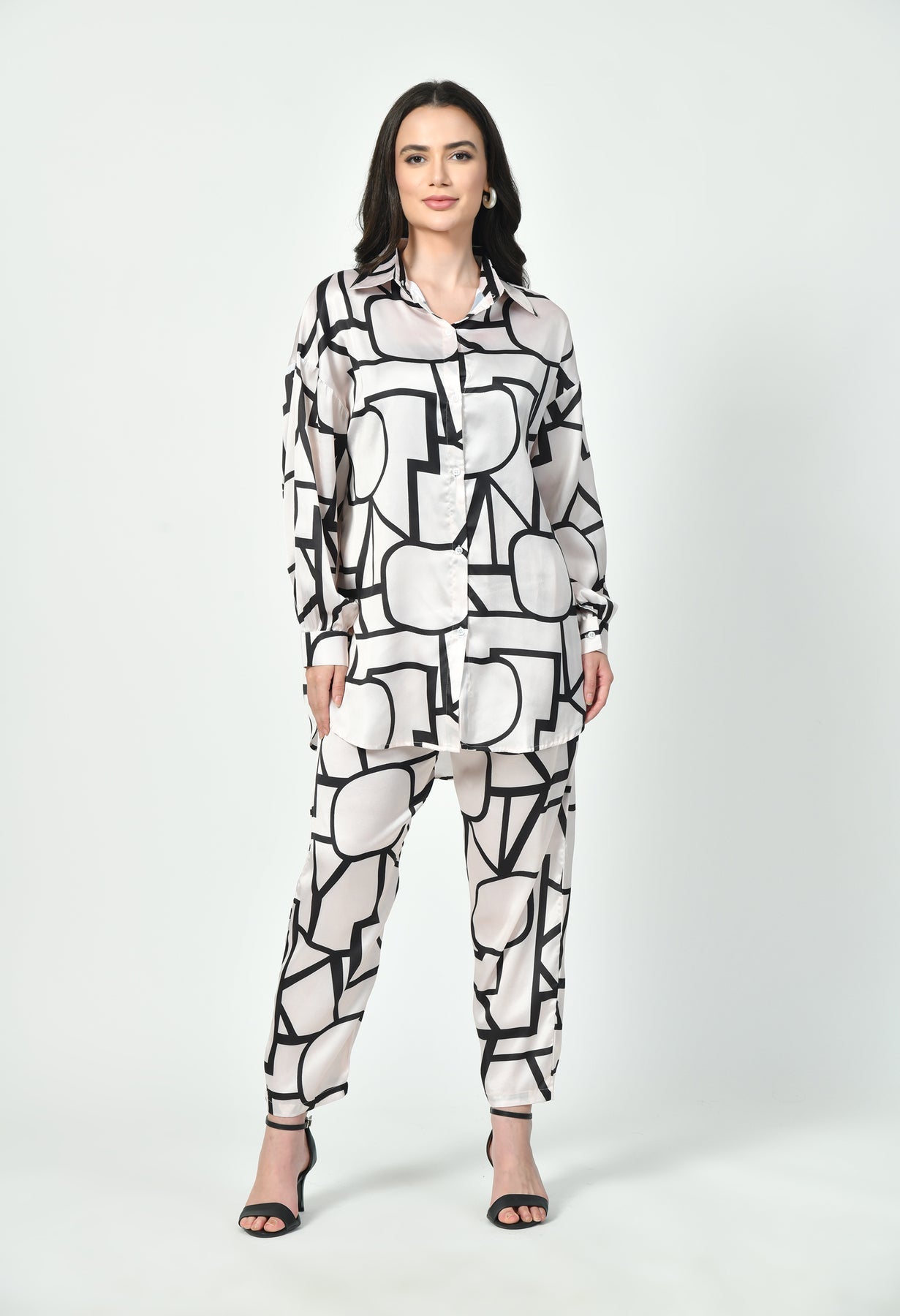 Glamoura X Abstract Line Art Co-Ord Set | Japanese Satin Geometric Print Modest wear
