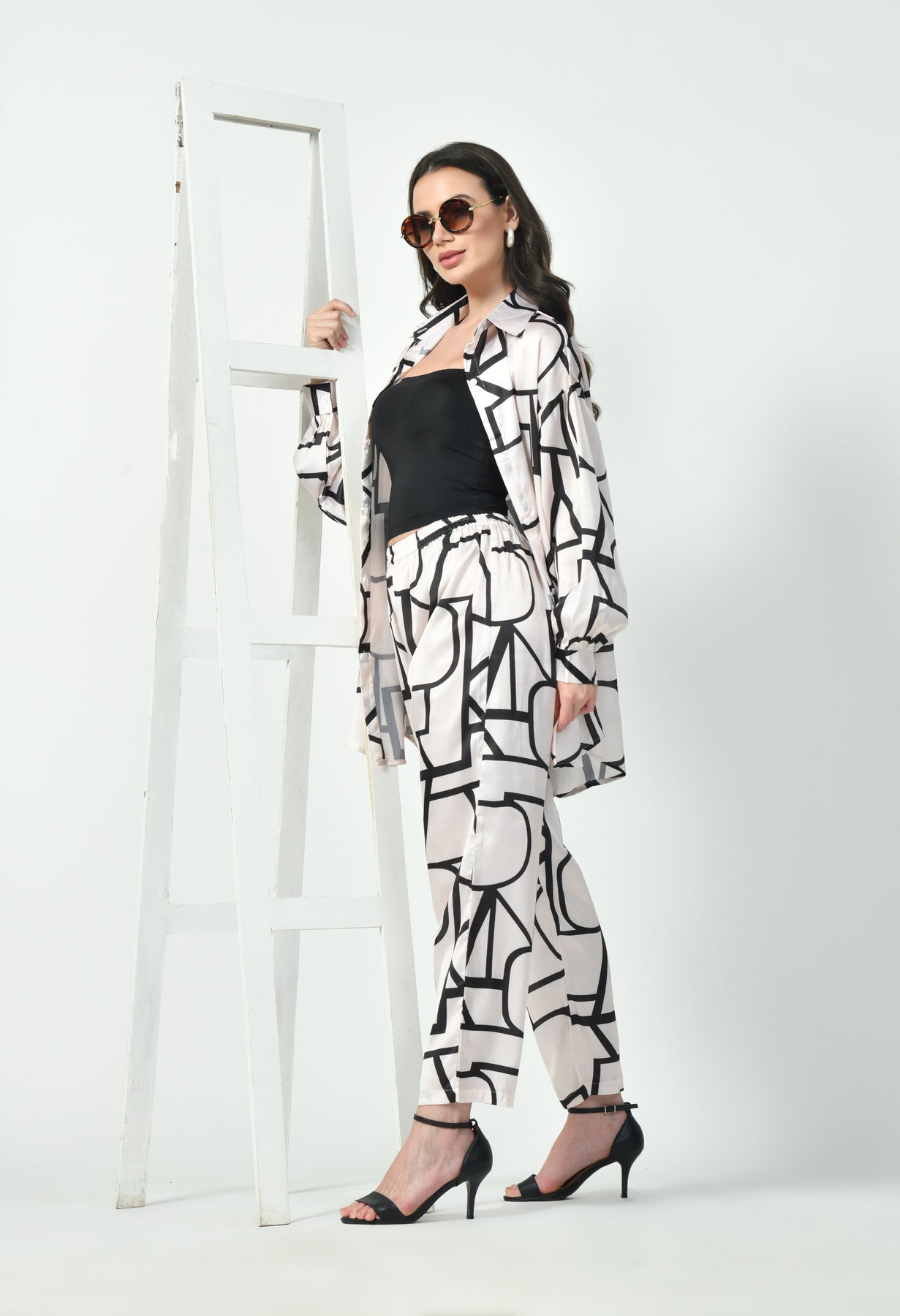 Glamoura X Abstract Line Art Co-Ord Set | Japanese Satin Geometric Print Modest wear