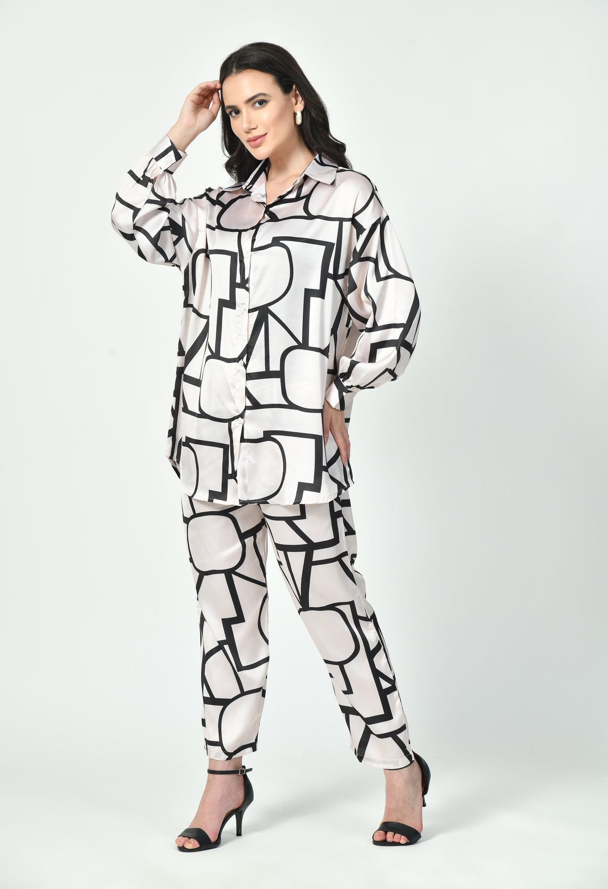 Glamoura X Abstract Line Art Co-Ord Set | Japanese Satin Geometric Print Modest wear