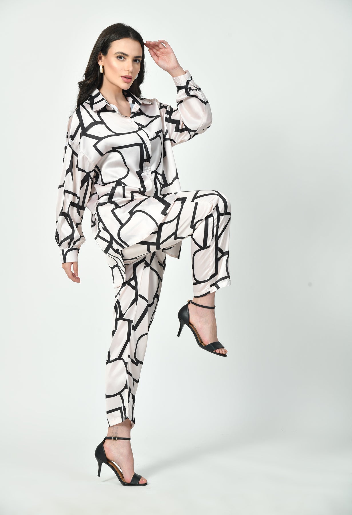 Glamoura X Abstract Line Art Co-Ord Set | Japanese Satin Geometric Print Modest wear