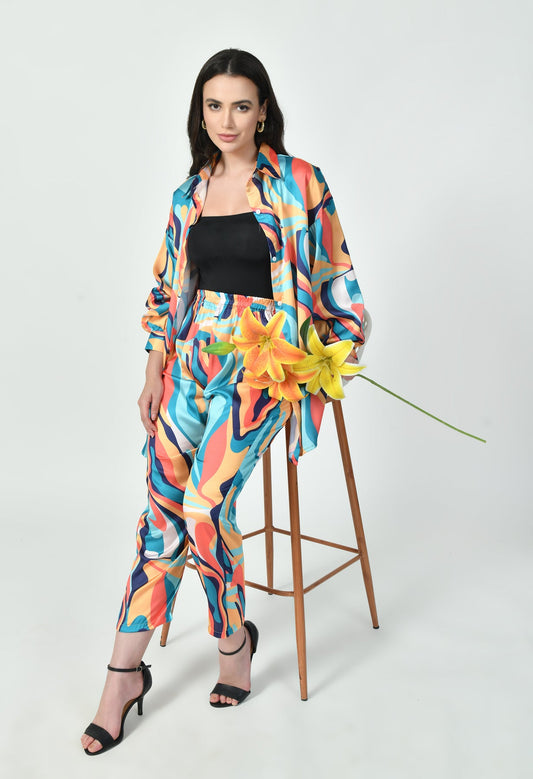 GlamouraX Modest Co-Ord Set – Multicolor Abstract Wave | Japanese Satin