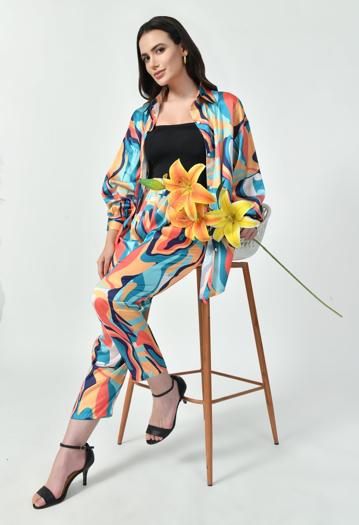 GlamouraX Modest Co-Ord Set – Multicolor Abstract Wave | Japanese Satin