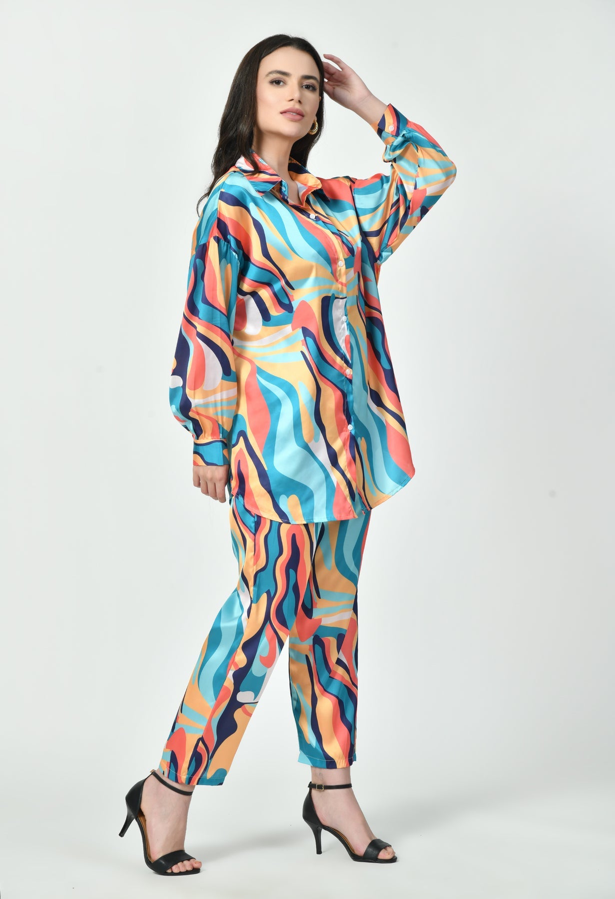 GlamouraX Modest Co-Ord Set – Multicolor Abstract Wave | Japanese Satin
