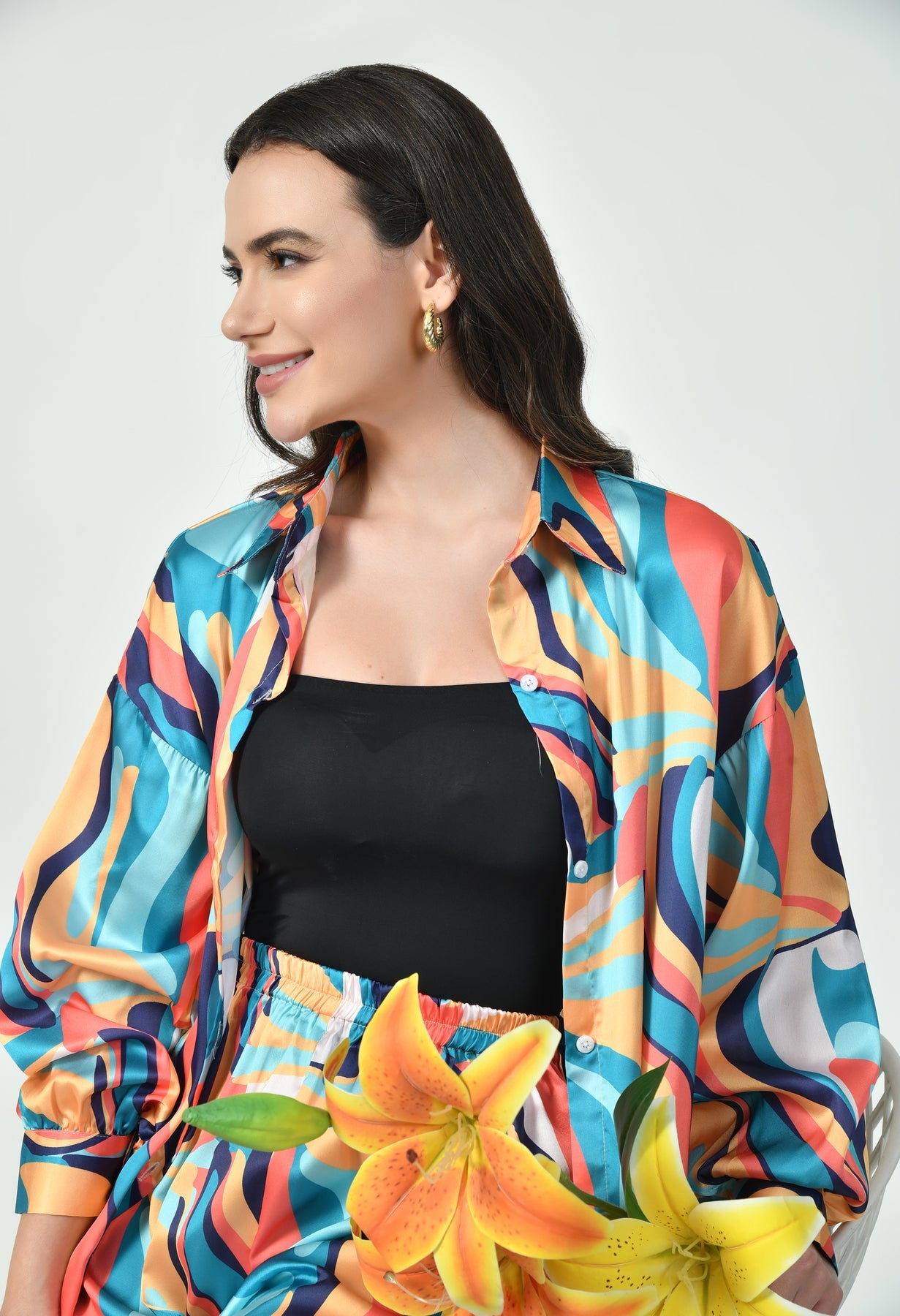 GlamouraX Modest Co-Ord Set – Multicolor Abstract Wave | Japanese Satin
