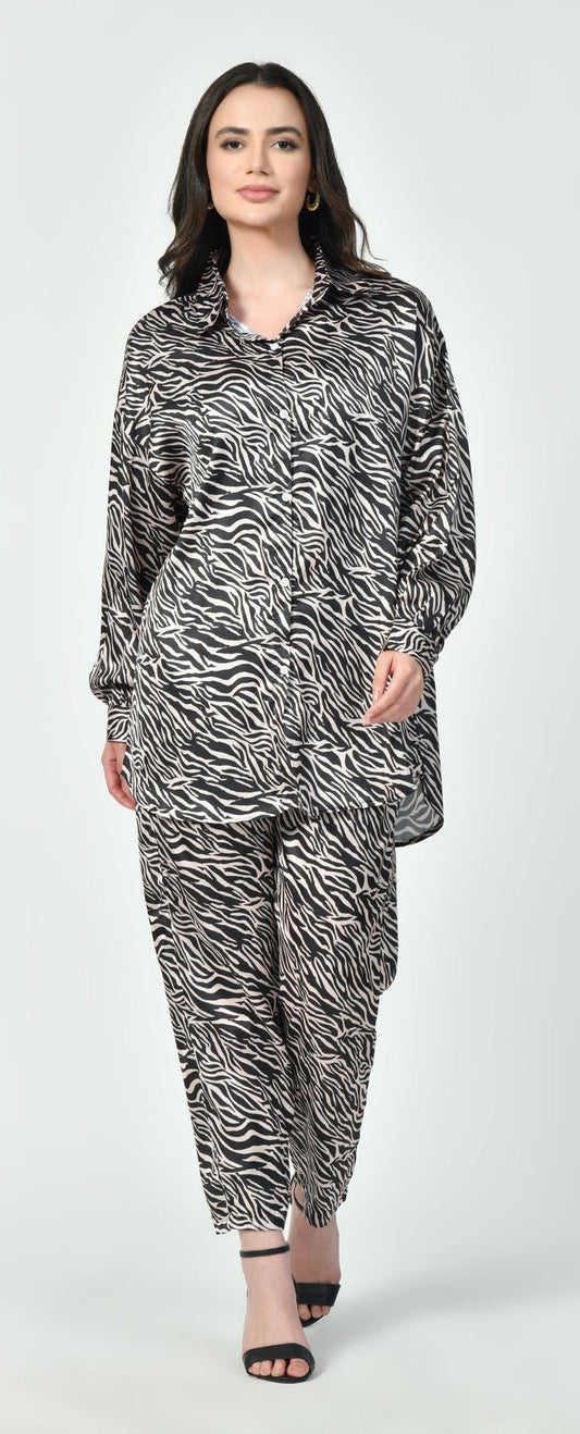 Glamoura X Zebra Print Japanese Satin Co-ord Set | Black & Brown Modest Wear